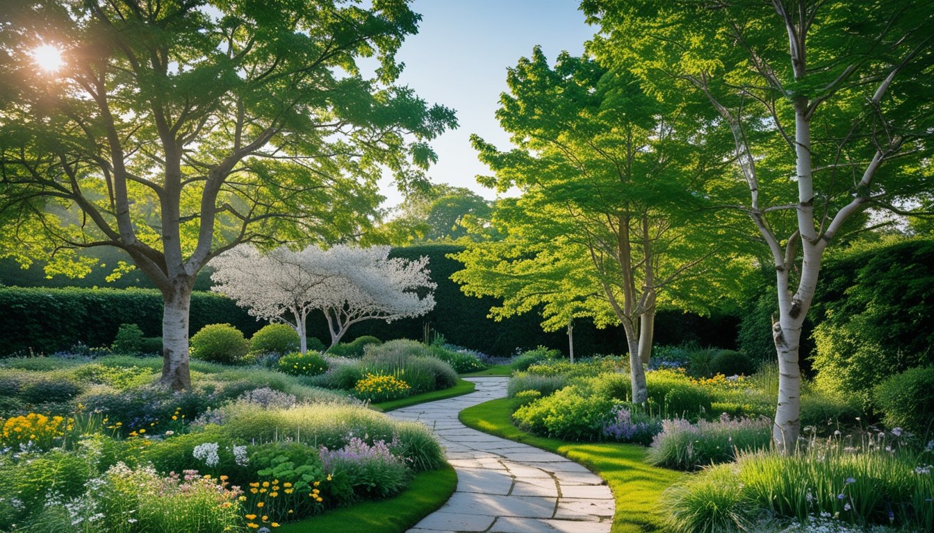 A peaceful garden with UK native trees, green plants, wildflowers, and a stone pathway under a clear sky.