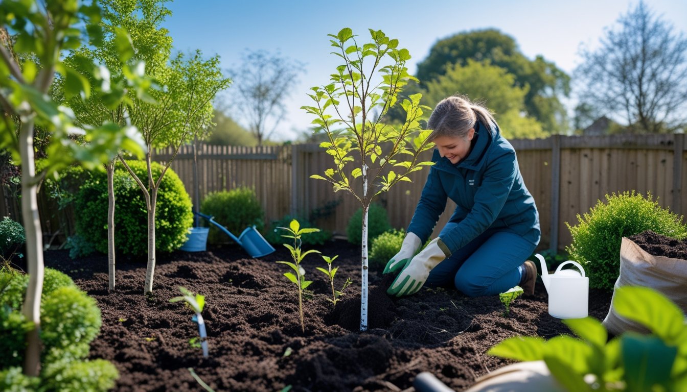 A person planting a young native UK tree in a small garden with other small trees and gardening tools nearby.