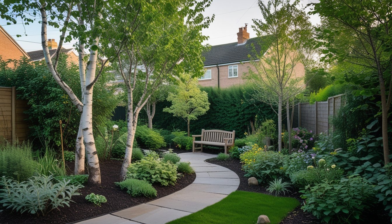 A small UK garden with native trees, flowering plants, a stone path, and a wooden bench in a residential area.
