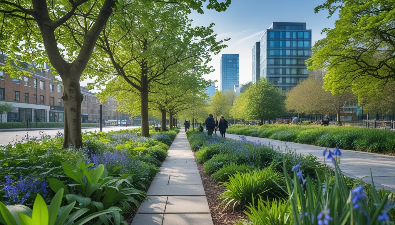 A green urban park with native UK plants and trees surrounded by city buildings under a clear sky.