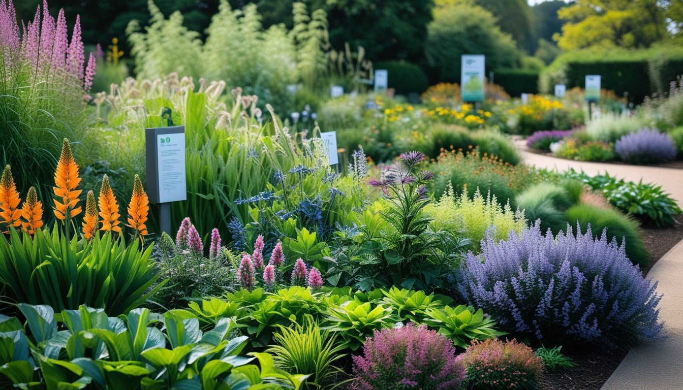 A lush UK garden with diverse native plants and flowers in bloom, featuring pathways and informational signs about plant conservation.