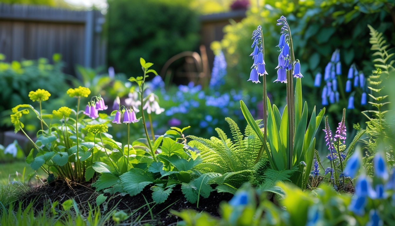 A garden bed with a variety of colourful native UK plants including bluebells, foxgloves, and primroses, surrounded by green foliage and a wooden garden fence.