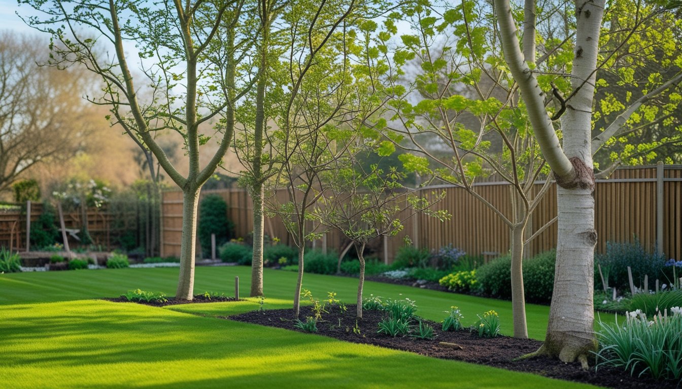 A UK garden with native trees of various sizes growing among grass, flower beds, and shrubs under a clear sky.
