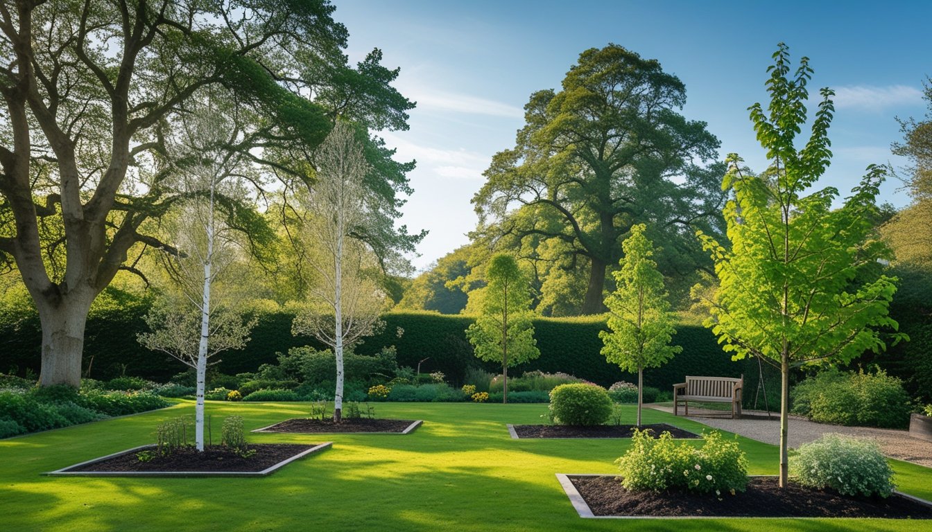 A UK garden with native trees of various ages, including mature oak and young saplings, under a clear blue sky with green grass and shrubs.