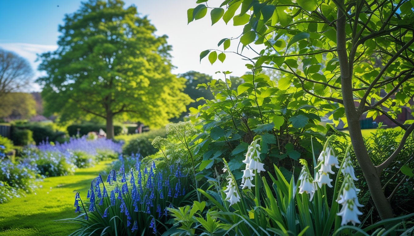 A vibrant British garden with native plants like bluebells, foxgloves, oak trees, and hawthorn bushes under a clear sky.