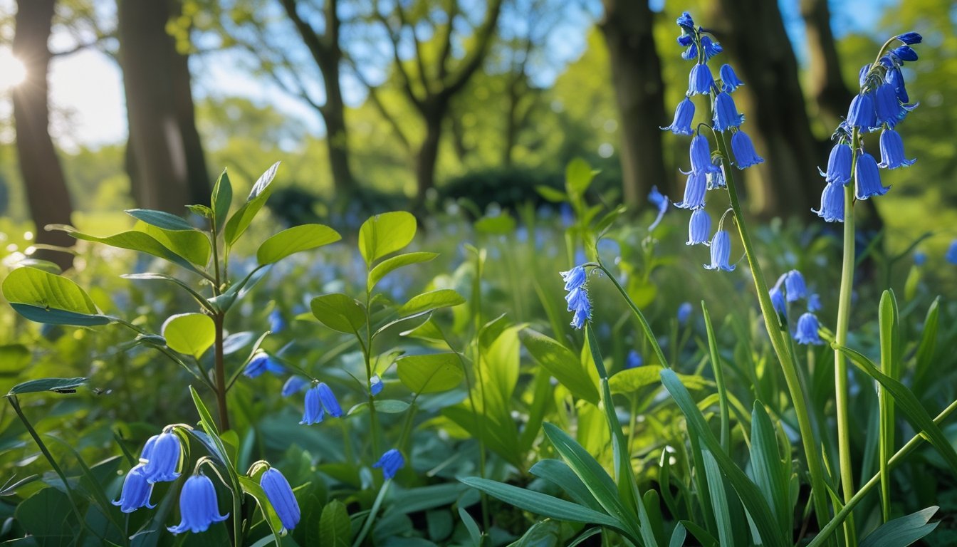 A natural woodland scene with native UK plants including oak trees, bluebells, hawthorn bushes, and wild garlic under soft sunlight and a clear blue sky.