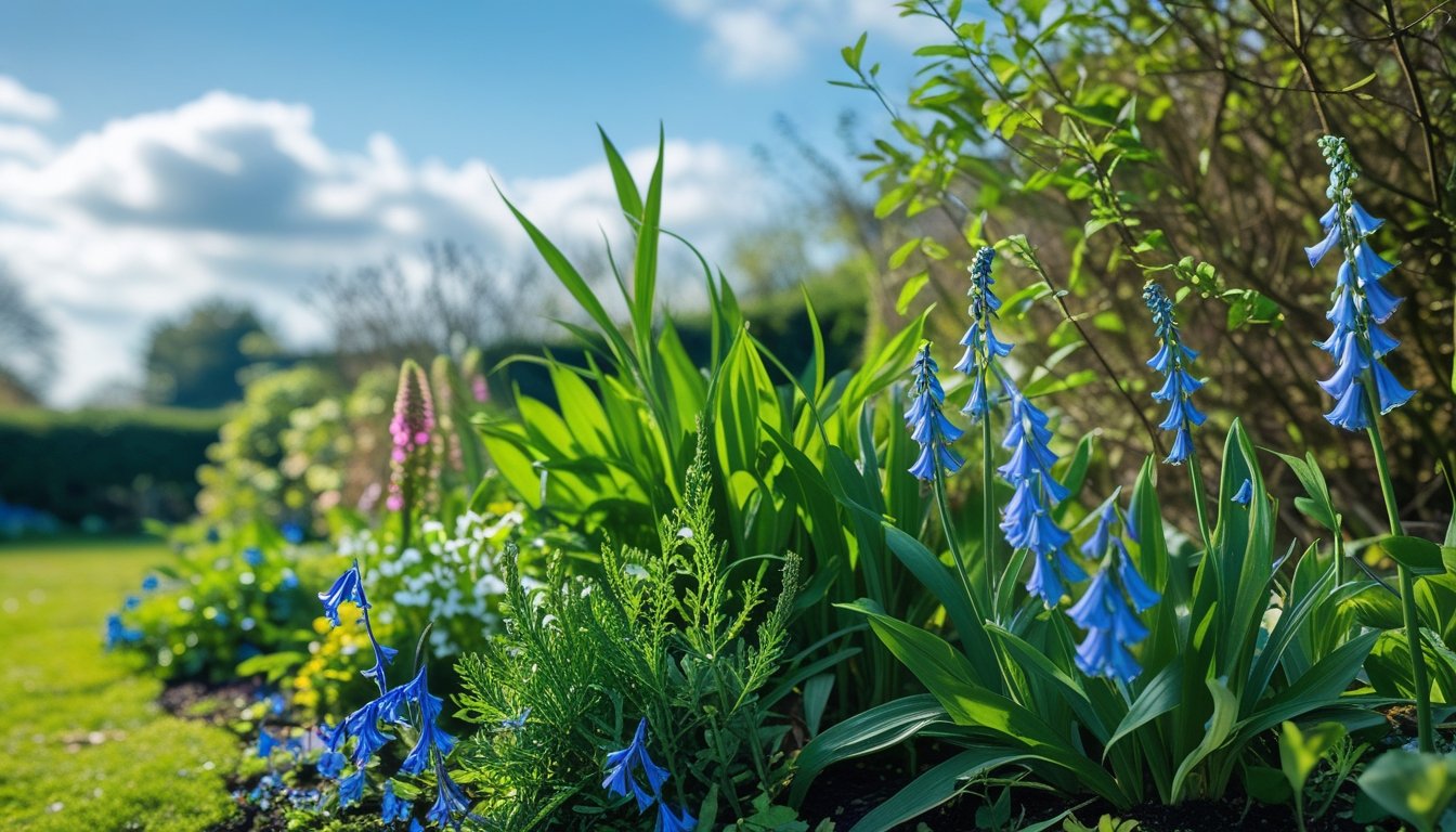 A bright garden with native UK plants including bluebells and hawthorn bushes under a clear blue sky.