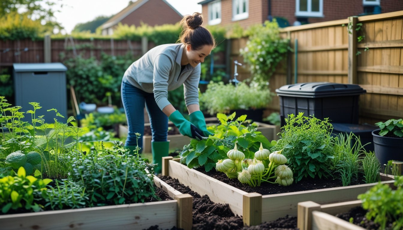 A person tending to a native UK edible garden with raised beds full of green plants and herbs in a backyard.