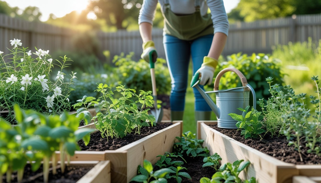 A person tending to young edible plants in a native UK garden with wooden raised beds and green surroundings.