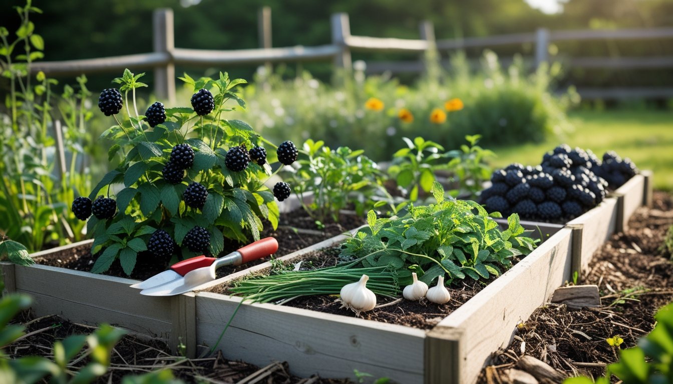 A small native UK edible garden with raised beds containing blackberries, elderberries, wild garlic, and herbs, illuminated by natural daylight.