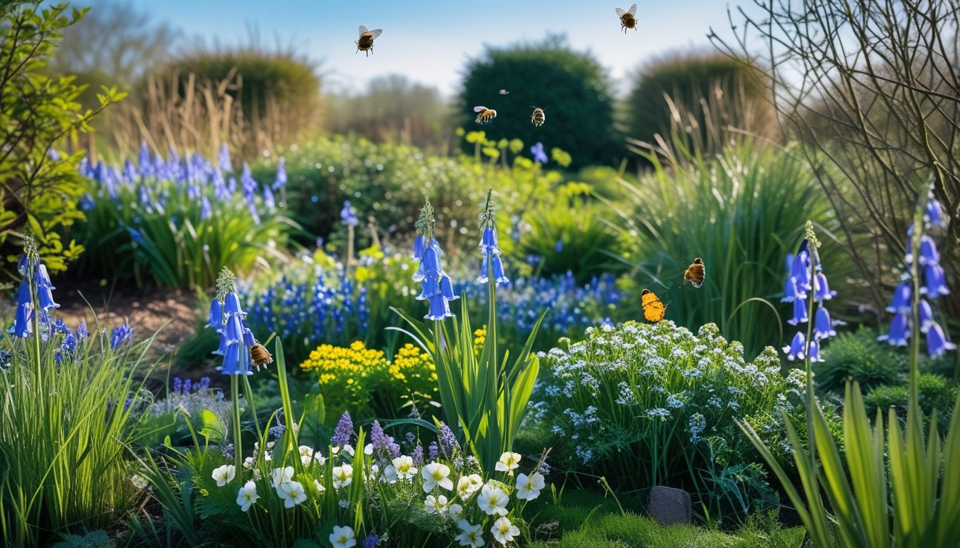 A colourful garden with native UK plants, butterflies, bees, and shrubs promoting biodiversity in a natural outdoor setting.