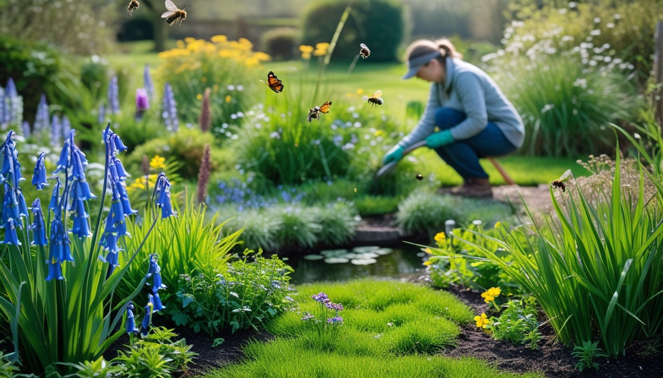 A garden with native UK plants including bluebells and foxgloves, bees and butterflies pollinating flowers, and a gardener tending to the plants near a small pond.