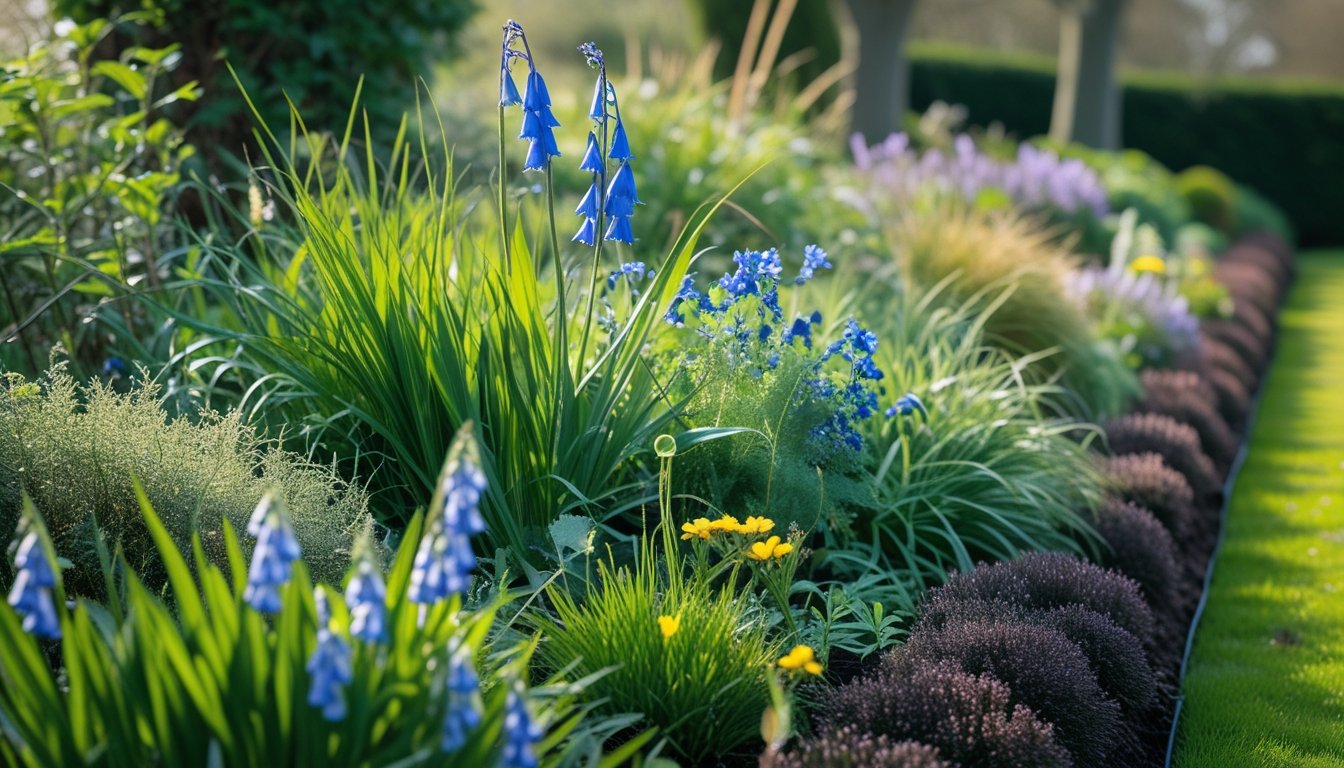 A colourful garden border in the UK filled with native wildflowers and shrubs beside a green lawn and trees.