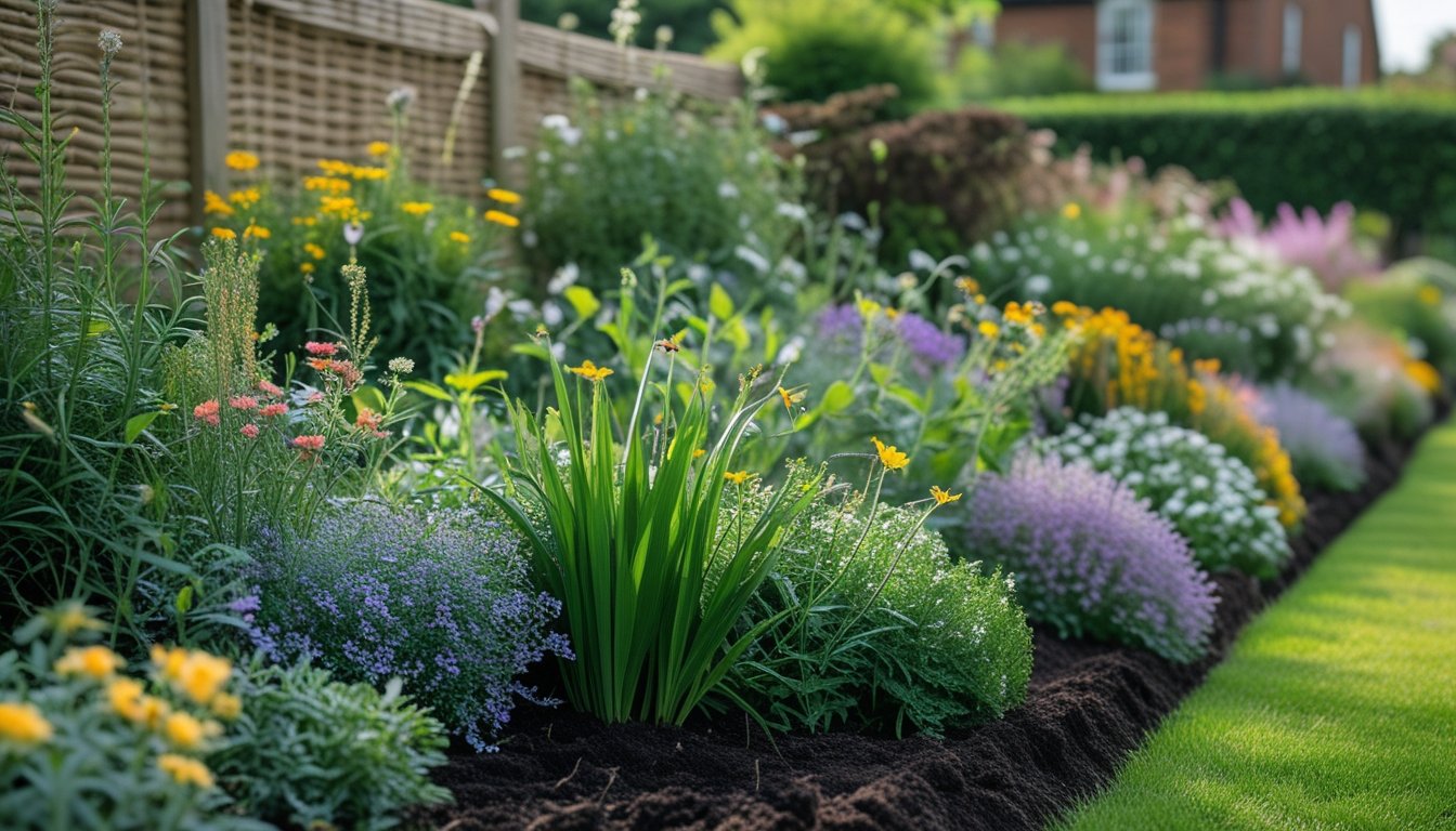 A colourful UK garden border with native plants, wildflowers, and shrubs beside a garden fence and a brick house in the background.