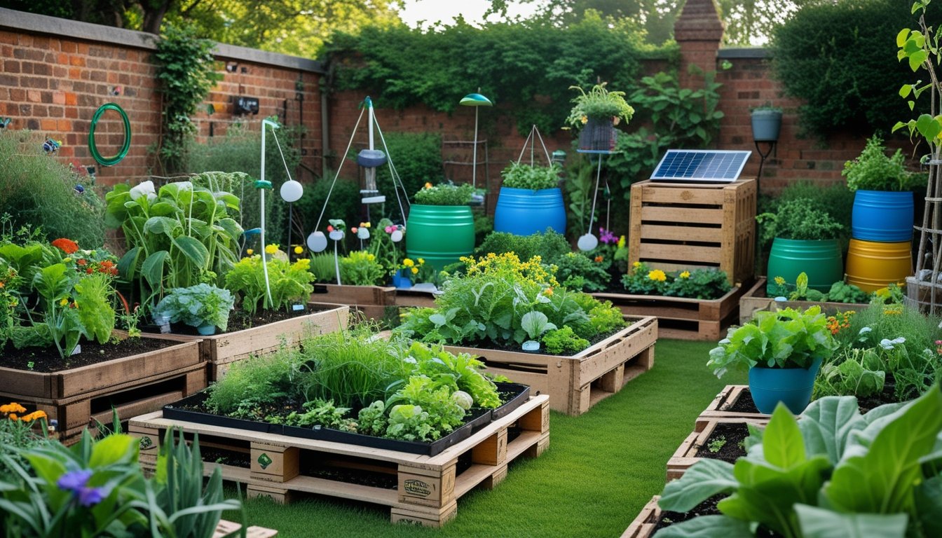 A UK garden with plants growing in raised beds made from recycled wooden pallets, colourful pots from upcycled bottles, and a compost bin made of reclaimed wood.