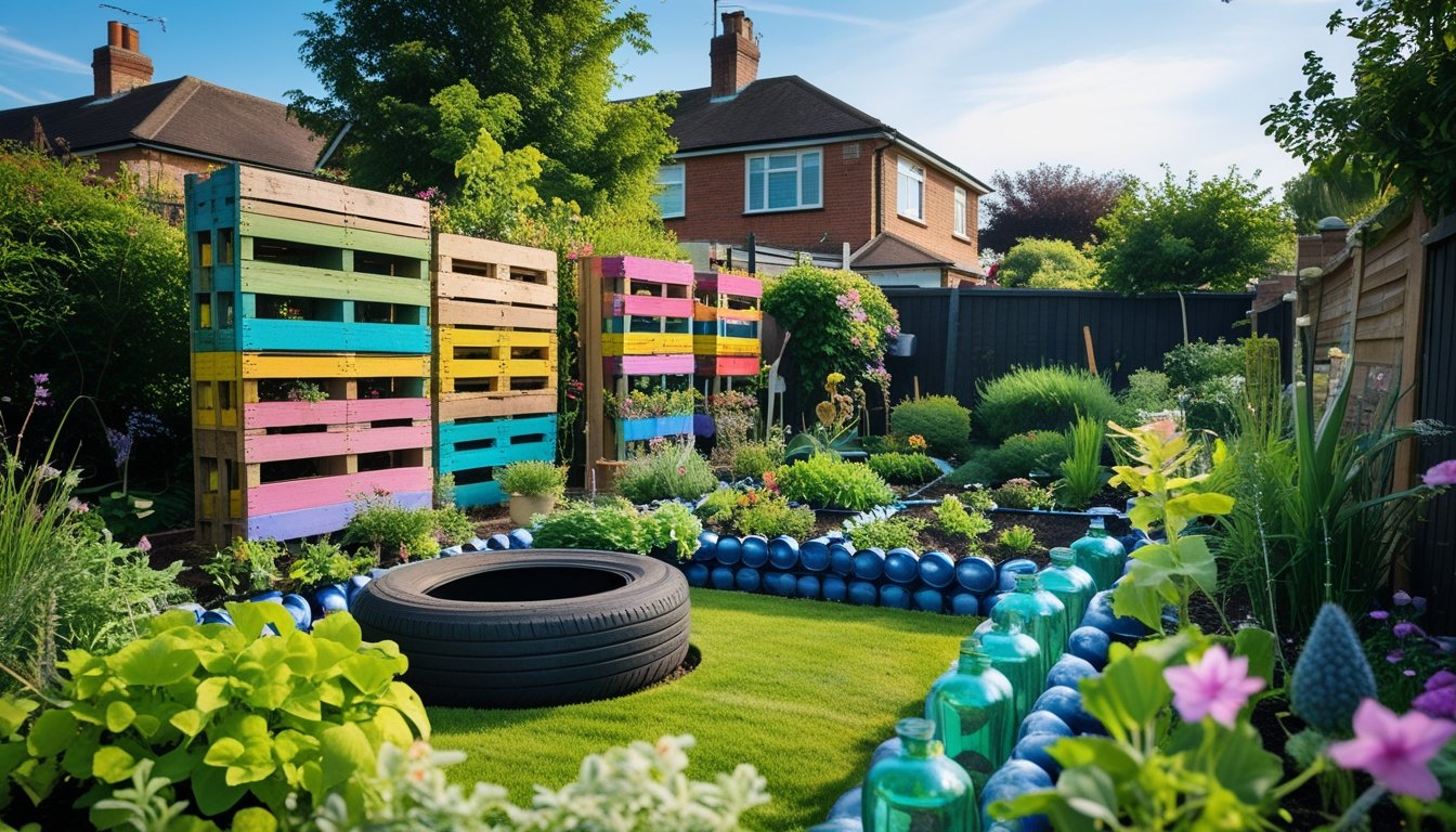 A UK garden with plants and flowers using recycled materials like painted tyres and wooden pallets as planters, with a house in the background.