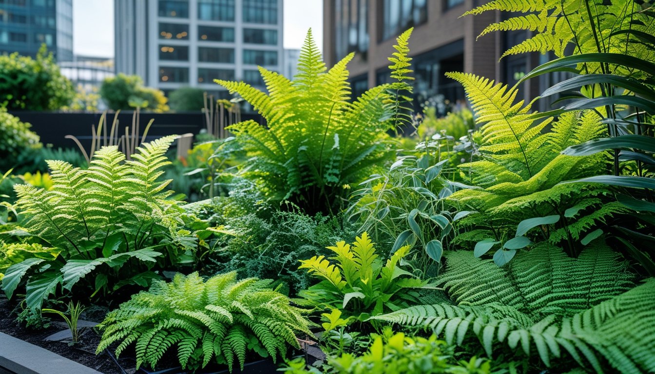 An urban garden with various native UK ferns growing among other plants, set against city buildings in the background.