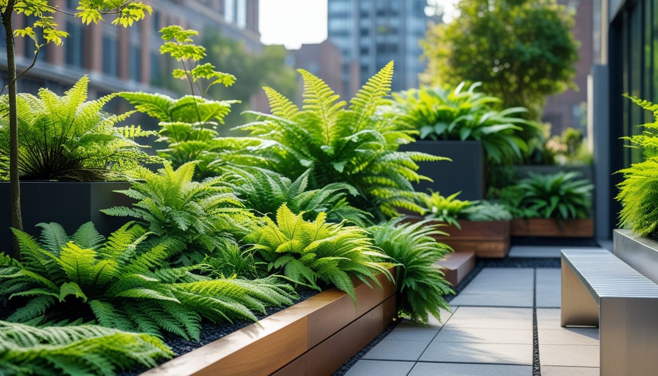 An urban garden with various native UK ferns growing in planters and around stone paths, with city buildings visible in the background.