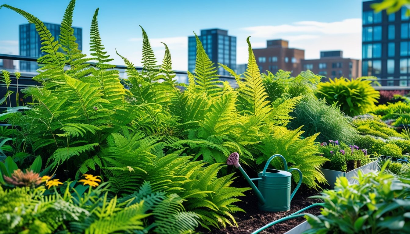 A rooftop urban garden with native UK ferns and other plants growing among modern city buildings under a clear sky.