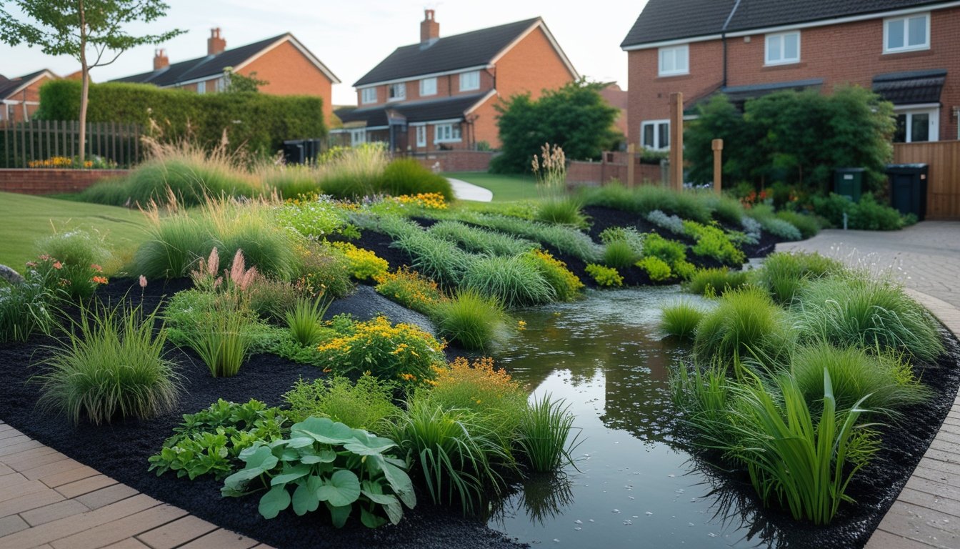 A UK suburban garden with native plants designed to capture rainwater, surrounded by brick houses with rainwater downpipes directing water into the garden.