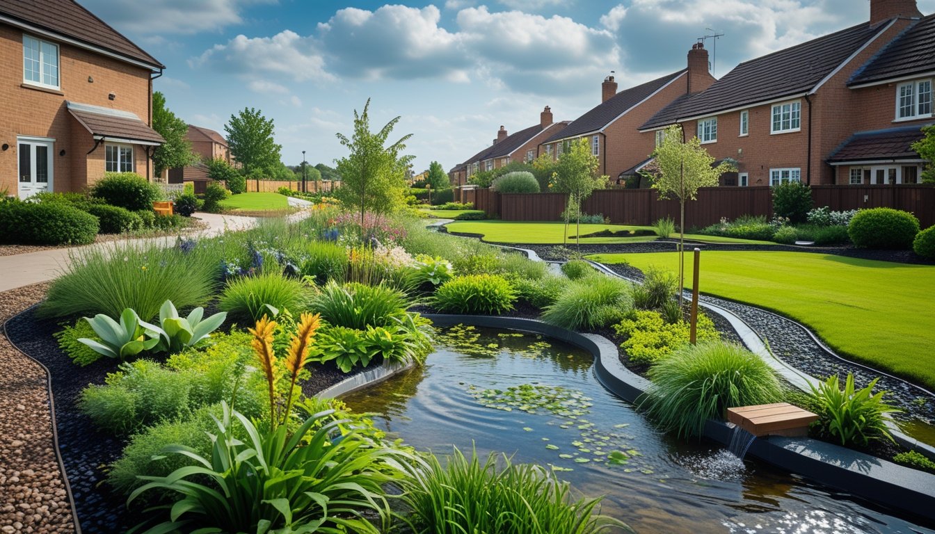A rain garden with native plants and flowers in a UK suburban neighbourhood, showing houses and green lawns around it.