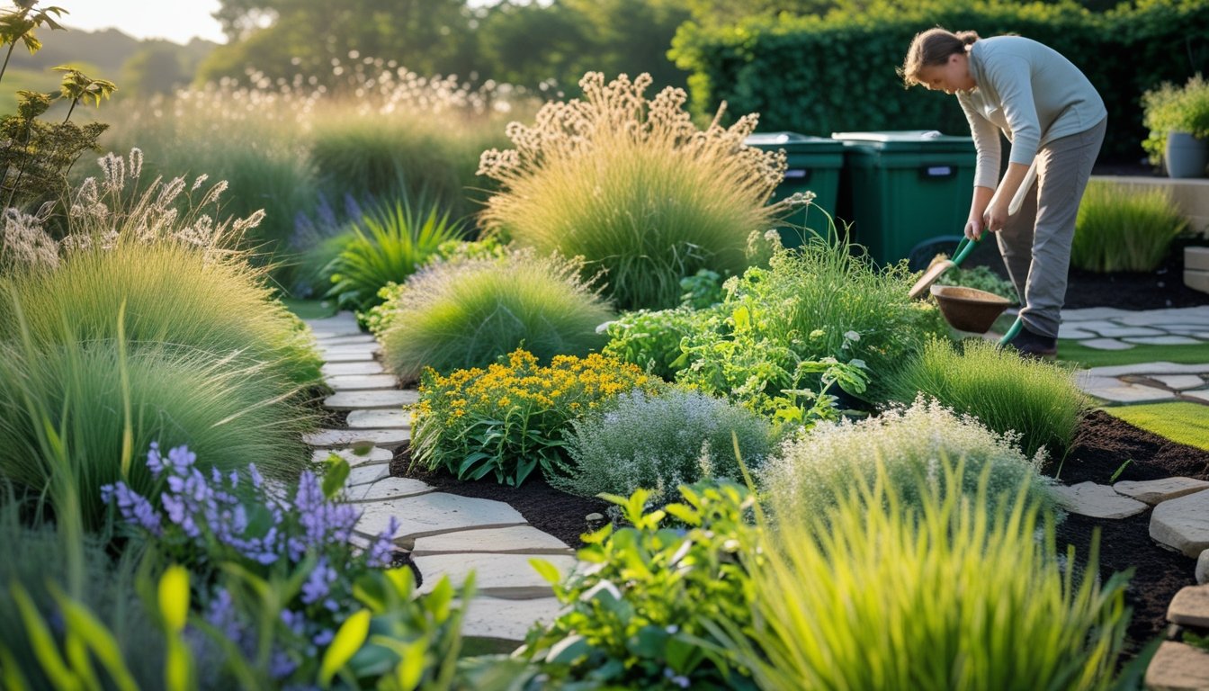 A gardener tending to a sustainable outdoor garden filled with native plants, natural stone paths, and eco-friendly features under soft sunlight.