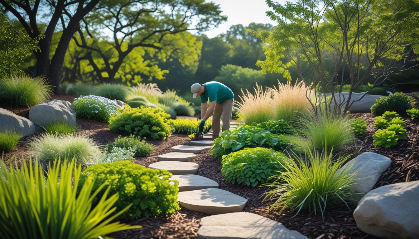 A garden with native plants and a stone pathway, showing a person tending to the plants under sunlight with trees in the background.