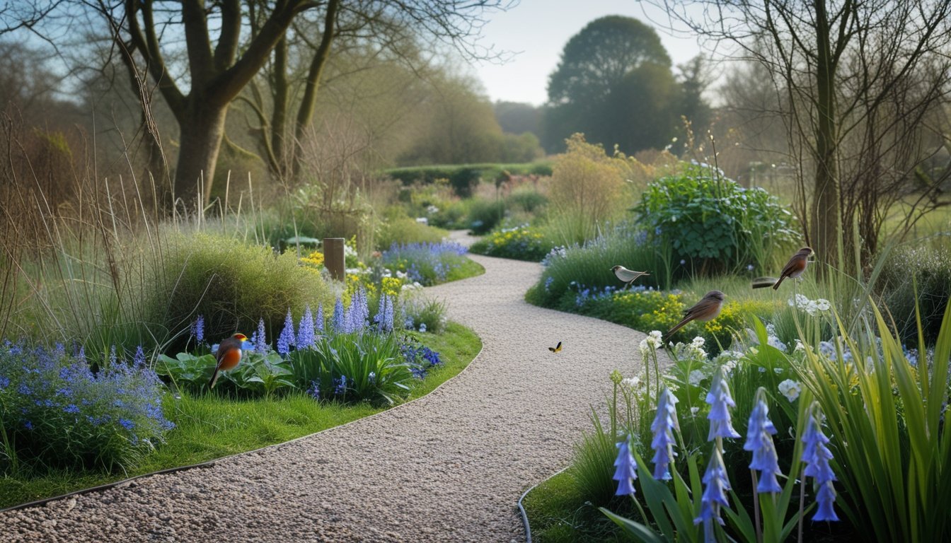 A winding garden pathway bordered by native UK plants and wildflowers with birds and butterflies nearby.
