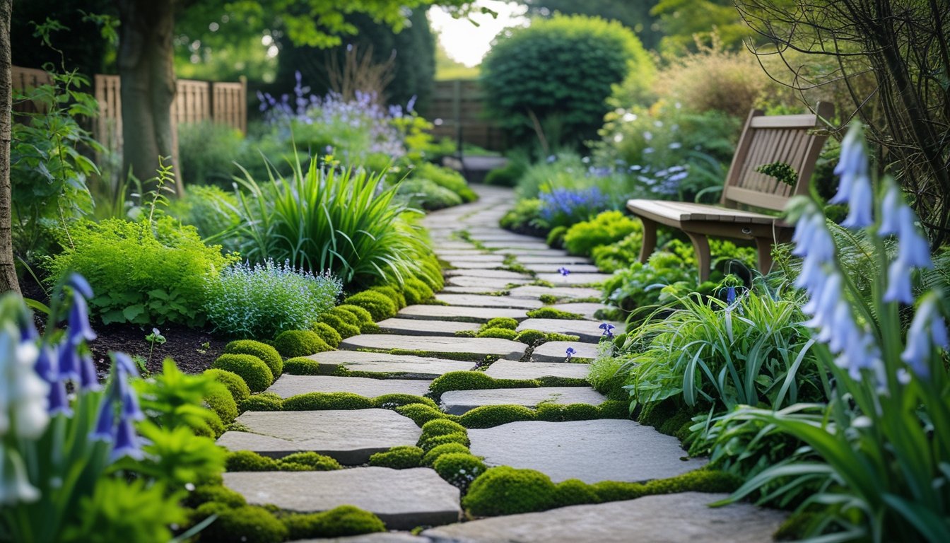 A natural stone pathway winding through a green garden with native UK plants and flowers, surrounded by trees and a wooden bench.