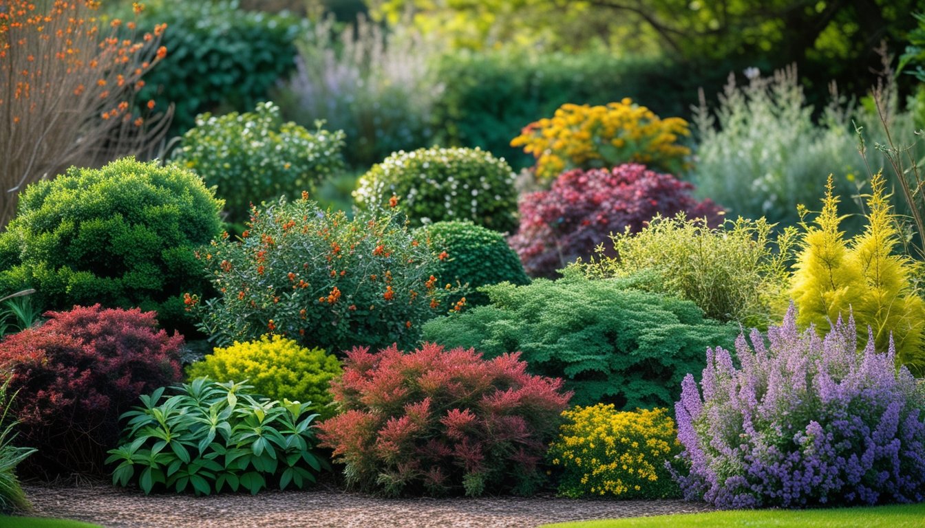 A colourful garden featuring a variety of native UK shrubs with flowers, berries, and vibrant foliage throughout the seasons.