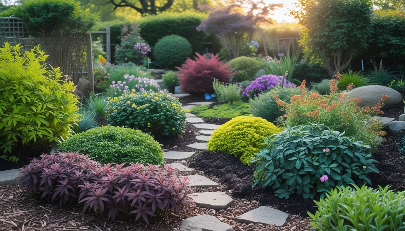 A colourful UK garden with various native shrubs growing in different light and soil conditions, showing a range of green and colourful leaves and flowers.