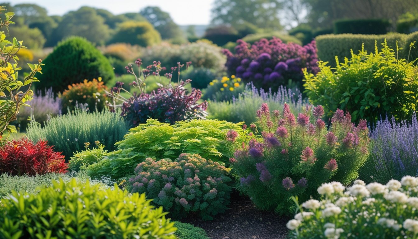 A colourful garden with various native UK shrubs in bloom under natural sunlight.
