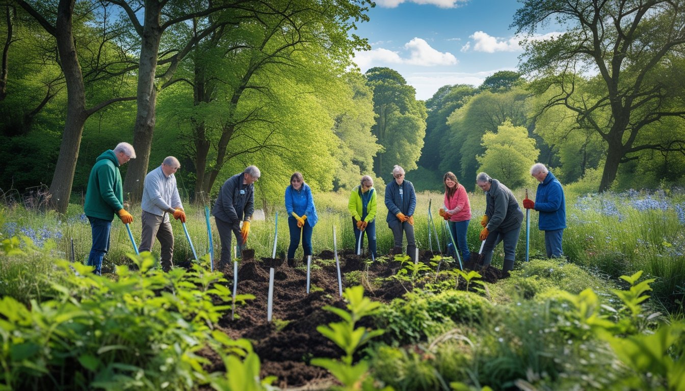 People planting young native UK trees in a green woodland with mature trees and wildflowers under a clear sky.