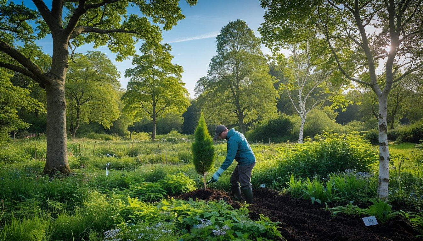 A person planting a young native UK tree sapling in a green woodland with mature trees and birds in the background.