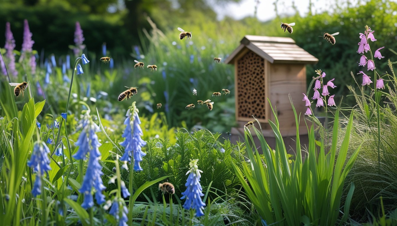 A colourful UK garden filled with native wildflowers and bees pollinating them, with a wooden bee house in the background.