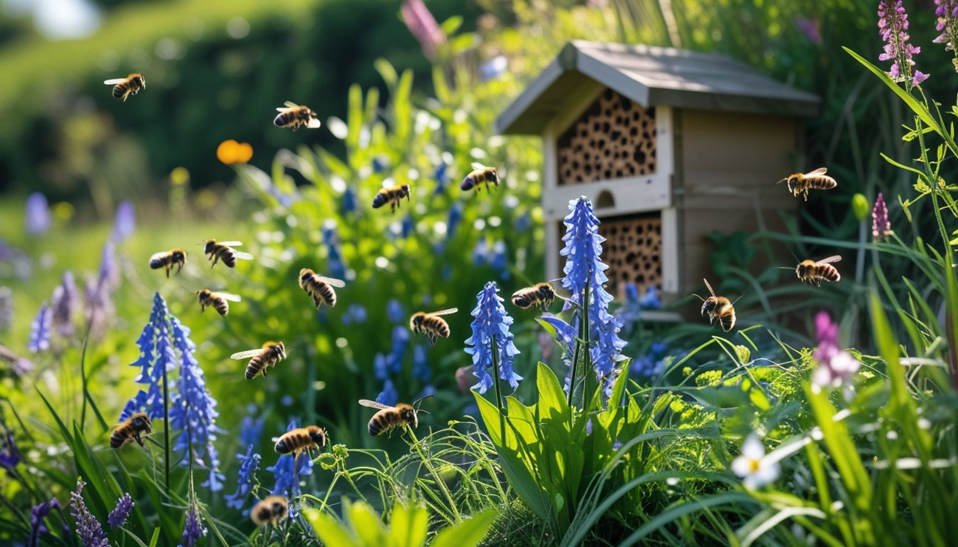A garden with native UK wildflowers and bees flying around near a wooden bee hotel in a natural outdoor setting.