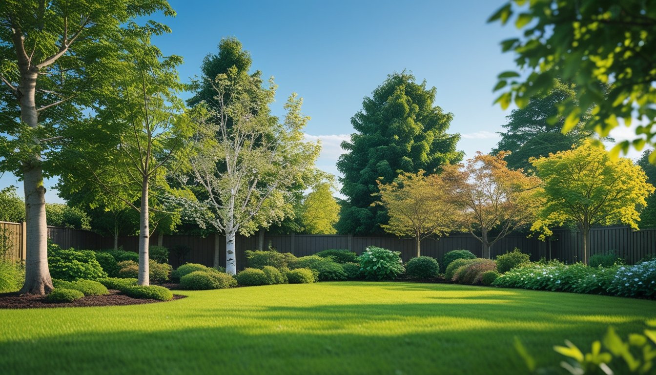 A garden with several native UK trees including oak, silver birch, rowan, hawthorn, and field maple, surrounded by green grass and a garden fence under a clear sky.