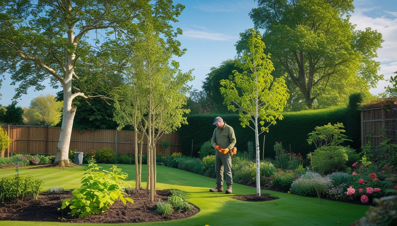 A gardener examining a young native UK tree in a sunny garden with various mature trees and flowering plants.