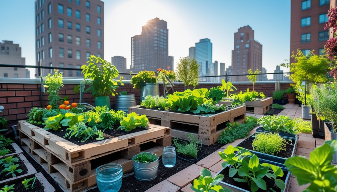 A rooftop garden in a city with plants growing in raised beds made from reclaimed wood and bricks, surrounded by tall buildings.