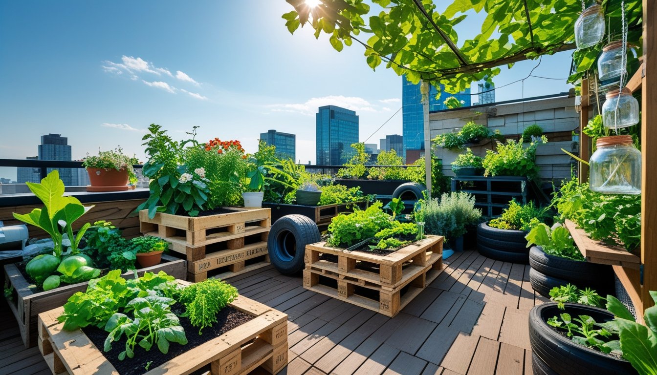 An urban garden with plants growing in raised beds and planters made from reclaimed wood, tires, and jars, set against city buildings under a clear sky.