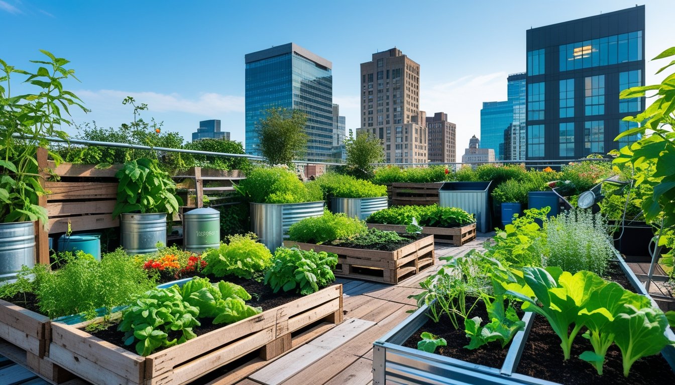 A rooftop urban garden with plants growing in raised beds made from reclaimed wood and metal containers, surrounded by city buildings under a clear sky.