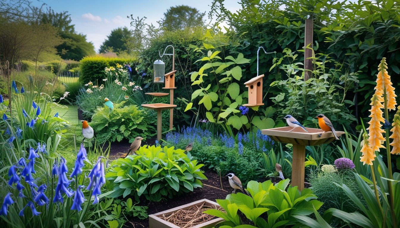 A UK garden with native plants and several birds perched on branches and feeding, showing a natural and inviting environment for wildlife.
