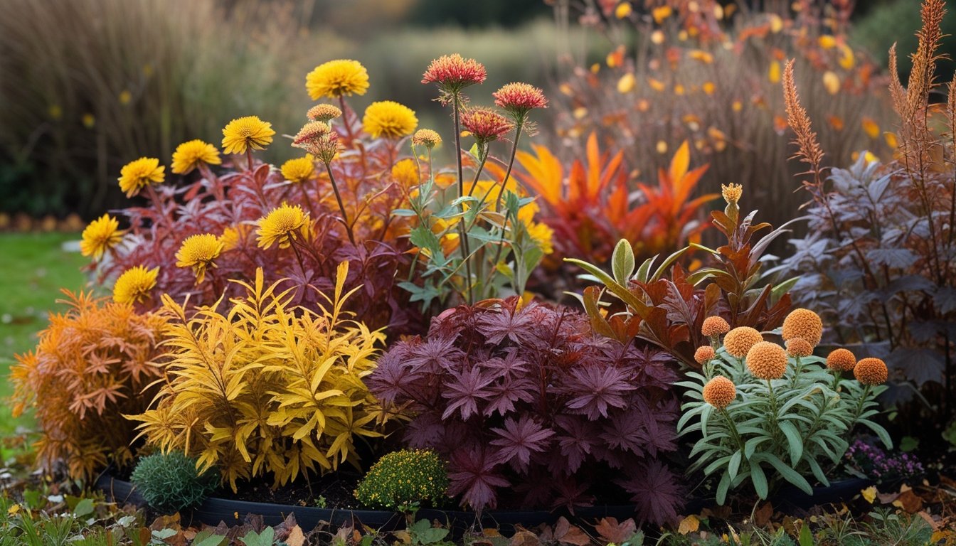A colourful garden bed with native UK perennial plants displaying autumn leaves in shades of yellow, orange, and red.