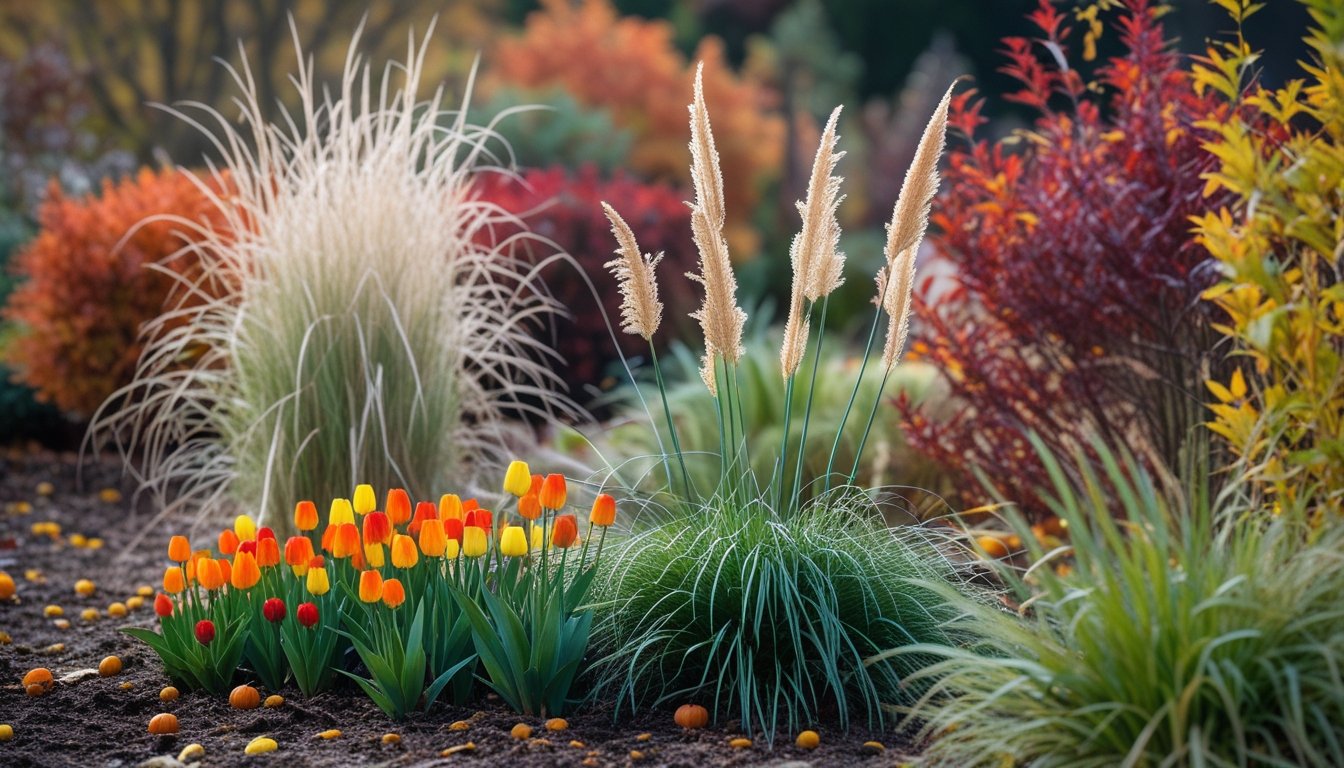 A garden bed with autumn-coloured bulbs, tall grasses, and native shrubs showing red, orange, and yellow leaves.
