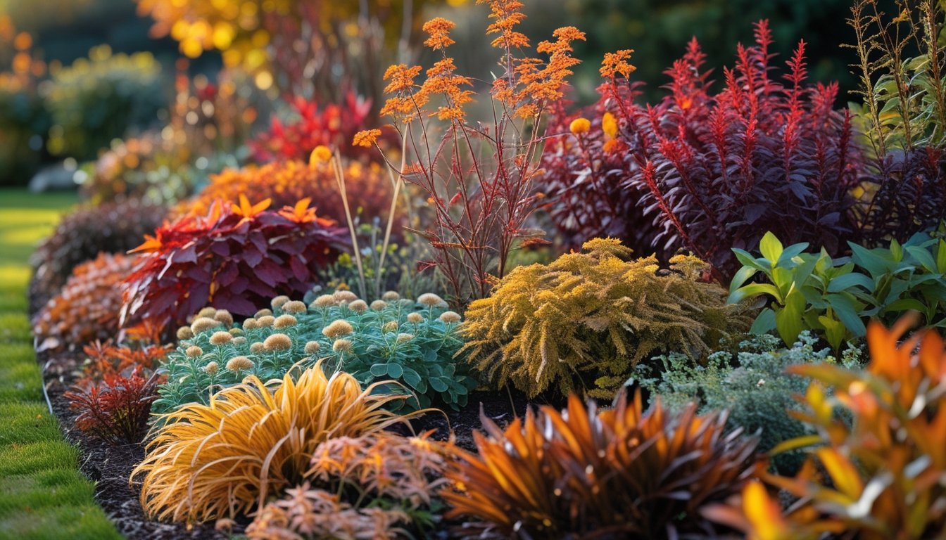 A colourful garden bed with native UK perennial plants displaying autumn leaves in shades of red, orange, and yellow.