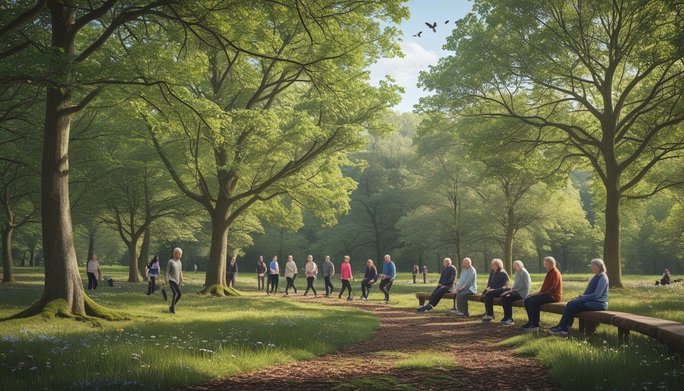 A peaceful British woodland with native trees and people enjoying walking and relaxing among the trees on a sunny day.