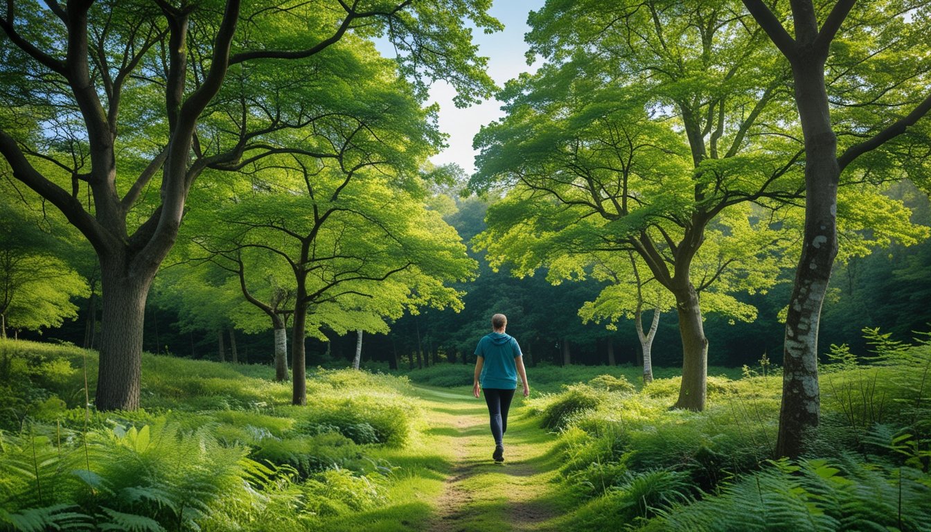 A person standing in a sunlit native UK woodland surrounded by oak, birch, and rowan trees with green leaves and a forest floor covered in ferns and wildflowers.
