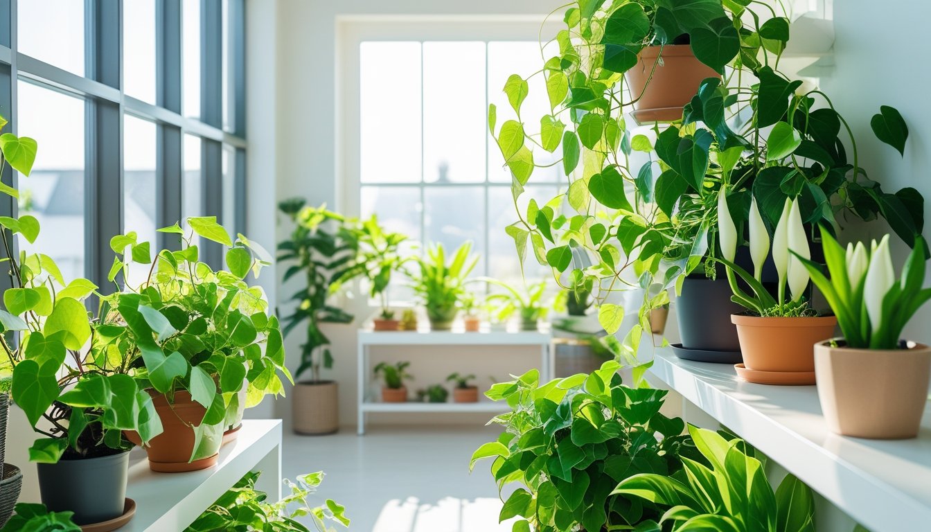 A bright indoor living space with native UK plants like English ivy and spider plants arranged on shelves and tables, with sunlight coming through the windows.