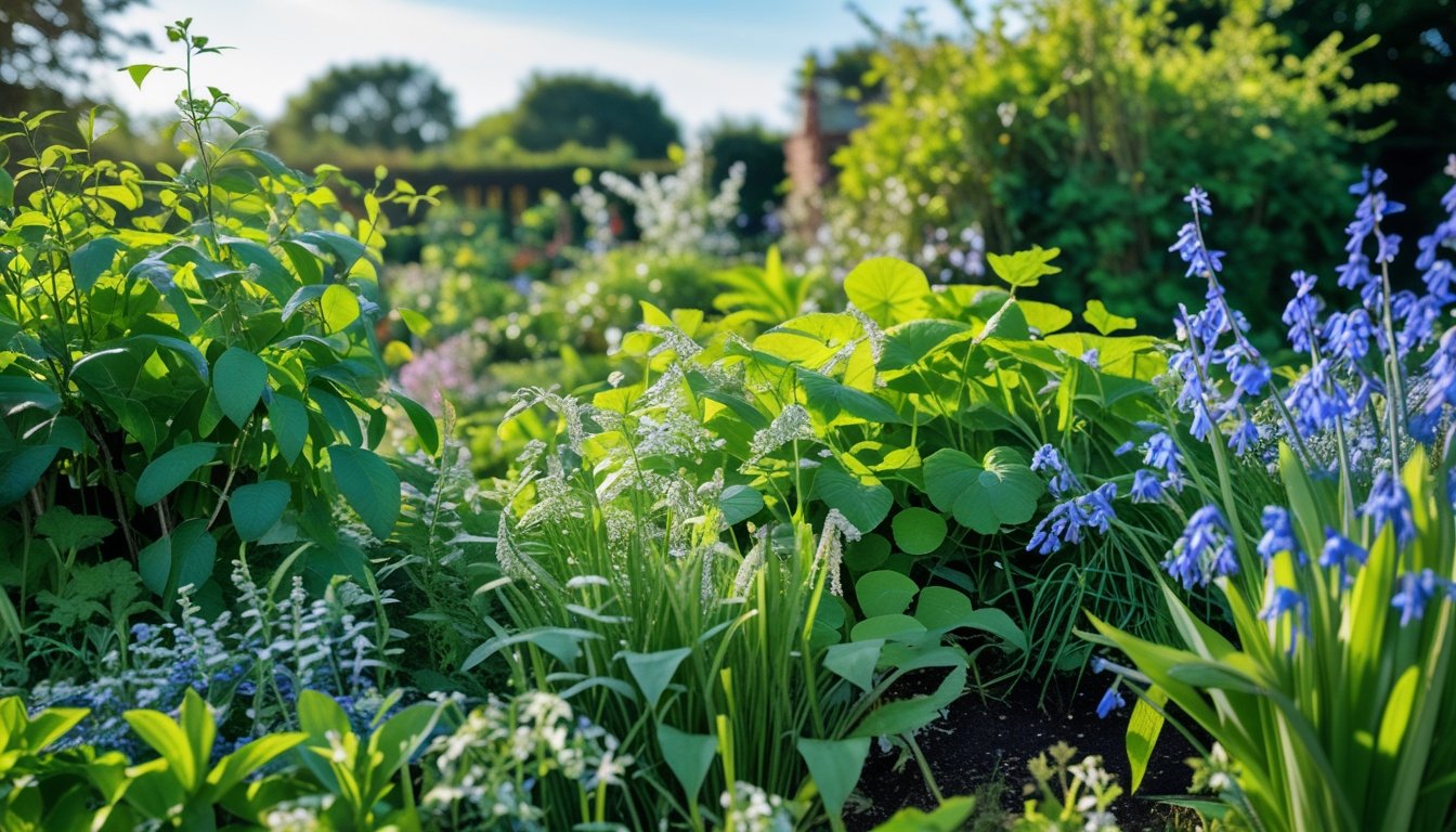 A sunlit garden with a variety of healthy native UK plants including oak, birch, hawthorn, and bluebells.