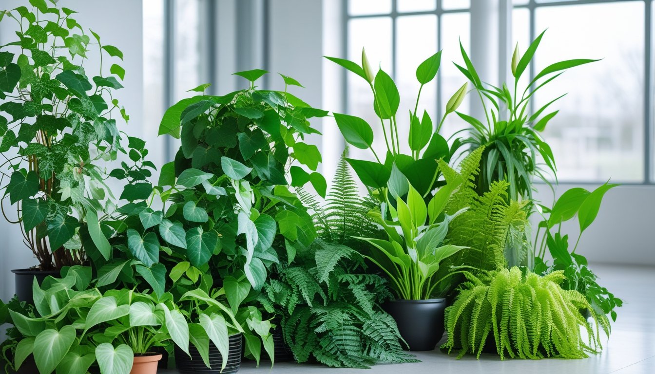 A collection of healthy native UK plants with green leaves arranged indoors near large windows, showing a fresh and clean environment.